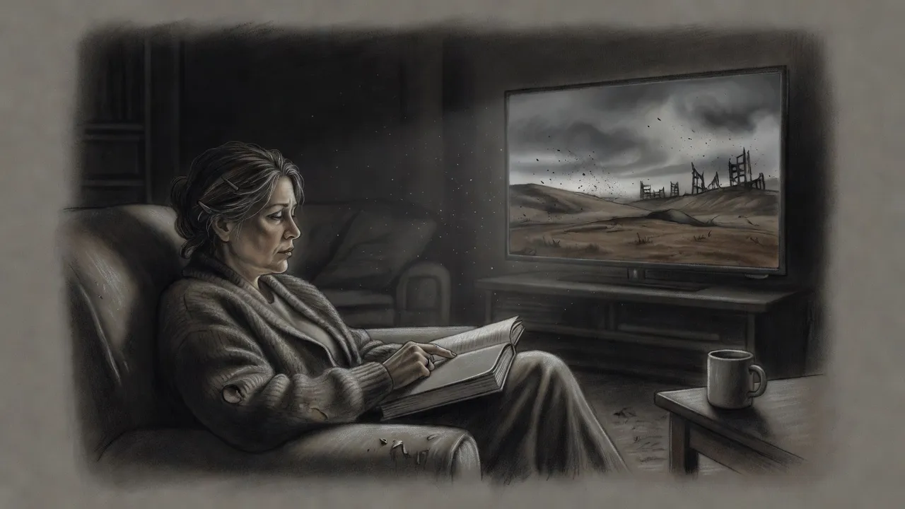 A woman in a wool cardigan sits in an armchair at night with a closed paperback on her knee, watching a television that shows grey, dead hills.