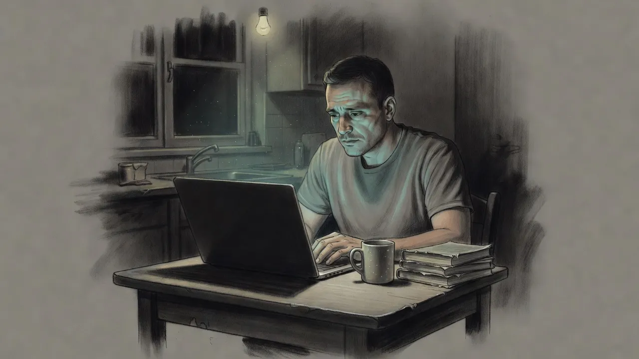 A man types on a laptop at a small kitchen table late at night, its glow on his face, a stack of used paperbacks at his elbow.