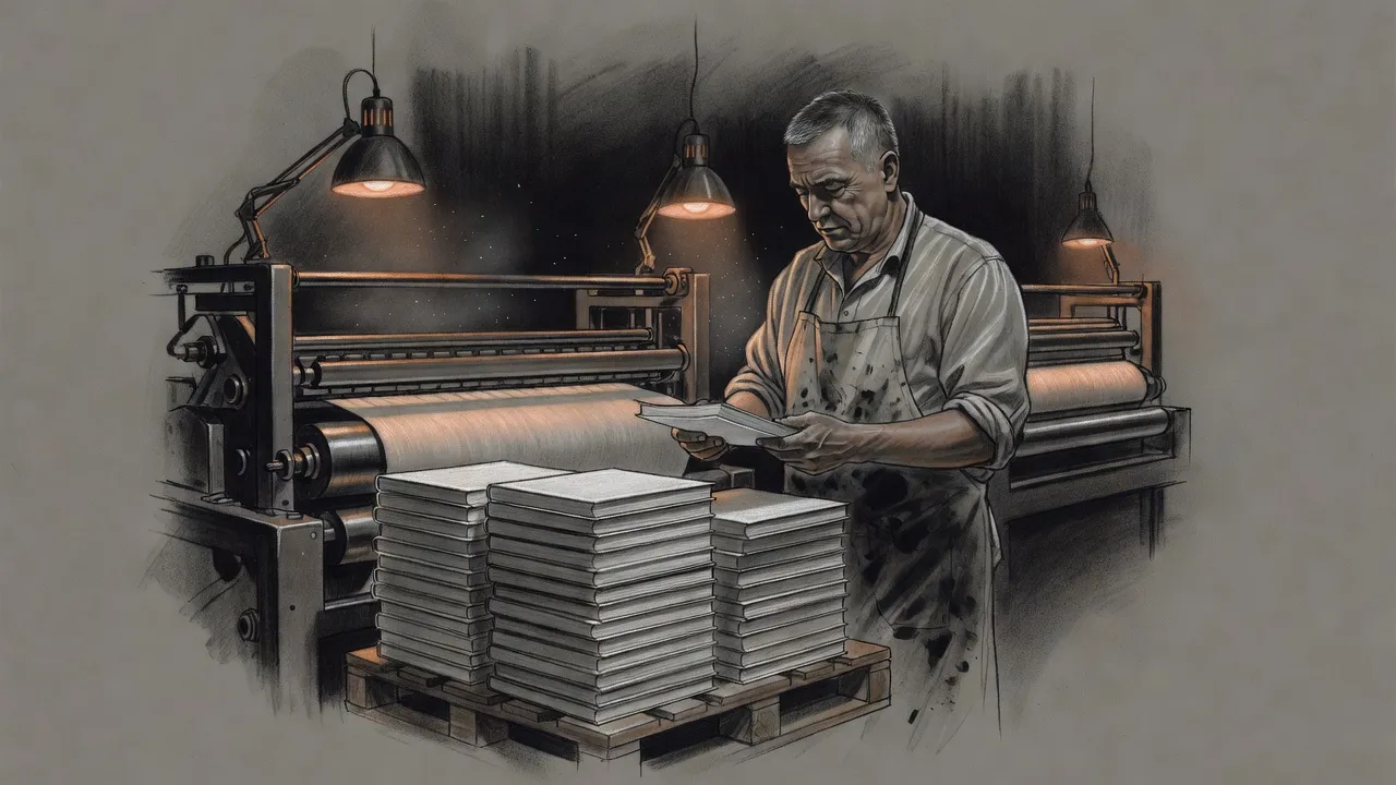 A press operator lifts a fresh paperback from a tall stack beside a long printing press under work lamps.