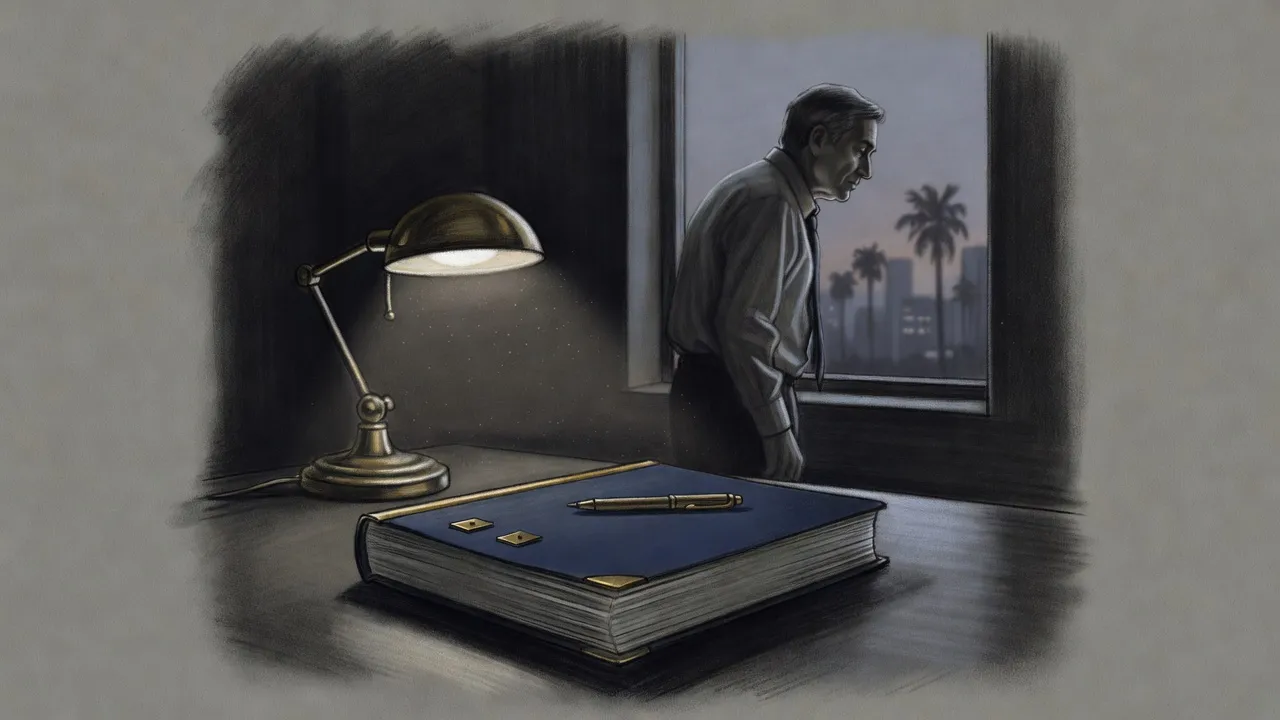 A thick bound script with a plain navy cover lies unopened under a desk lamp while a man stands at the window behind, his back turned.