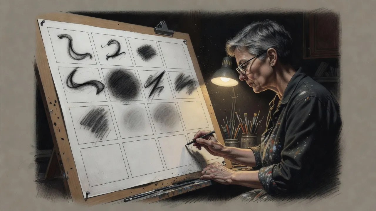 An artist leans over a tilted drawing board on which a large sheet is ruled into panels holding only loose, abstract charcoal shapes.