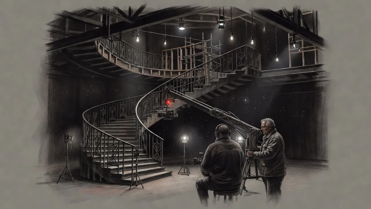 A camera crane reaches out over the open shaft of a three-level concrete-and-iron spiral stair built inside a dark warehouse, crew at its base.