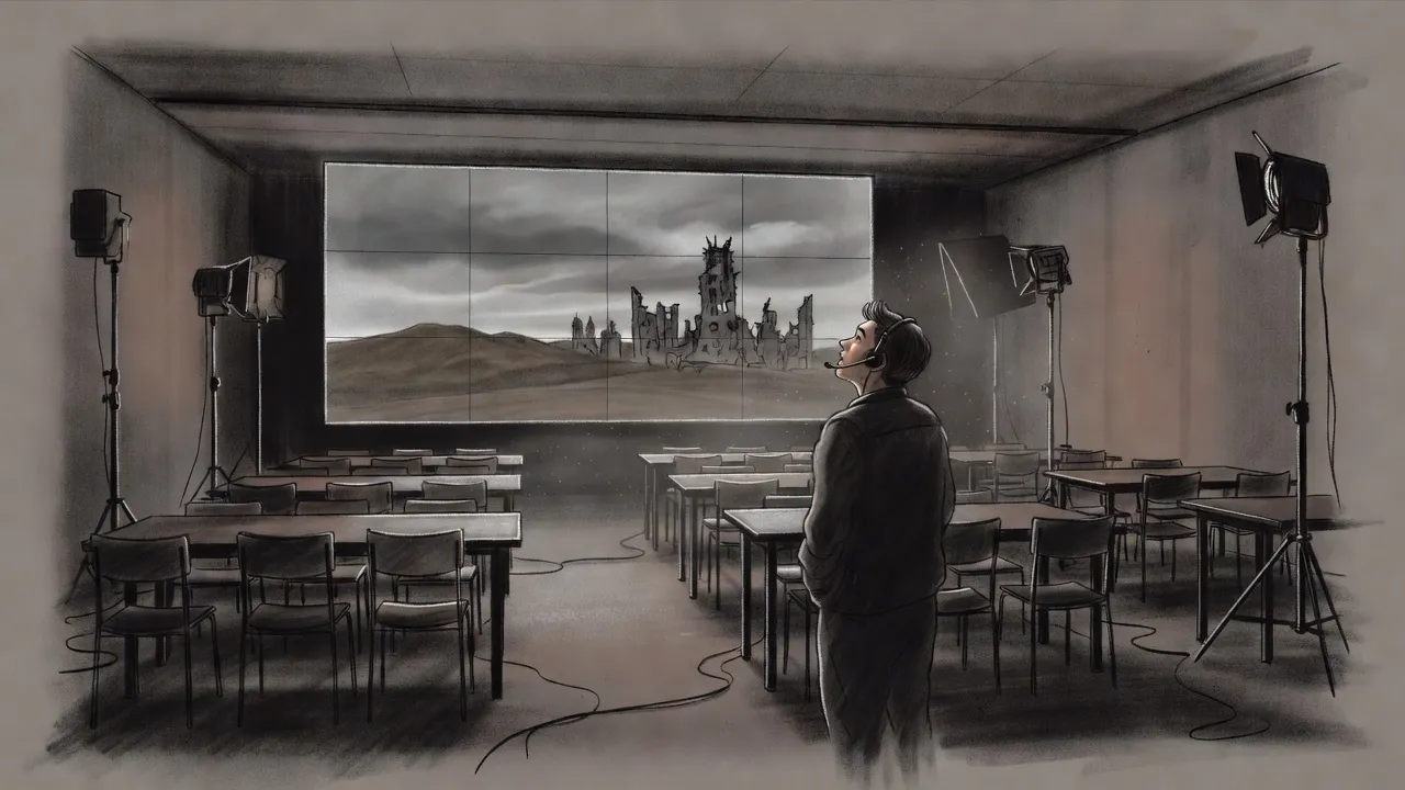 A crew member stands among the empty tables of a film-set cafeteria, looking up at a towering wall of screens that shows grey, dead hills.