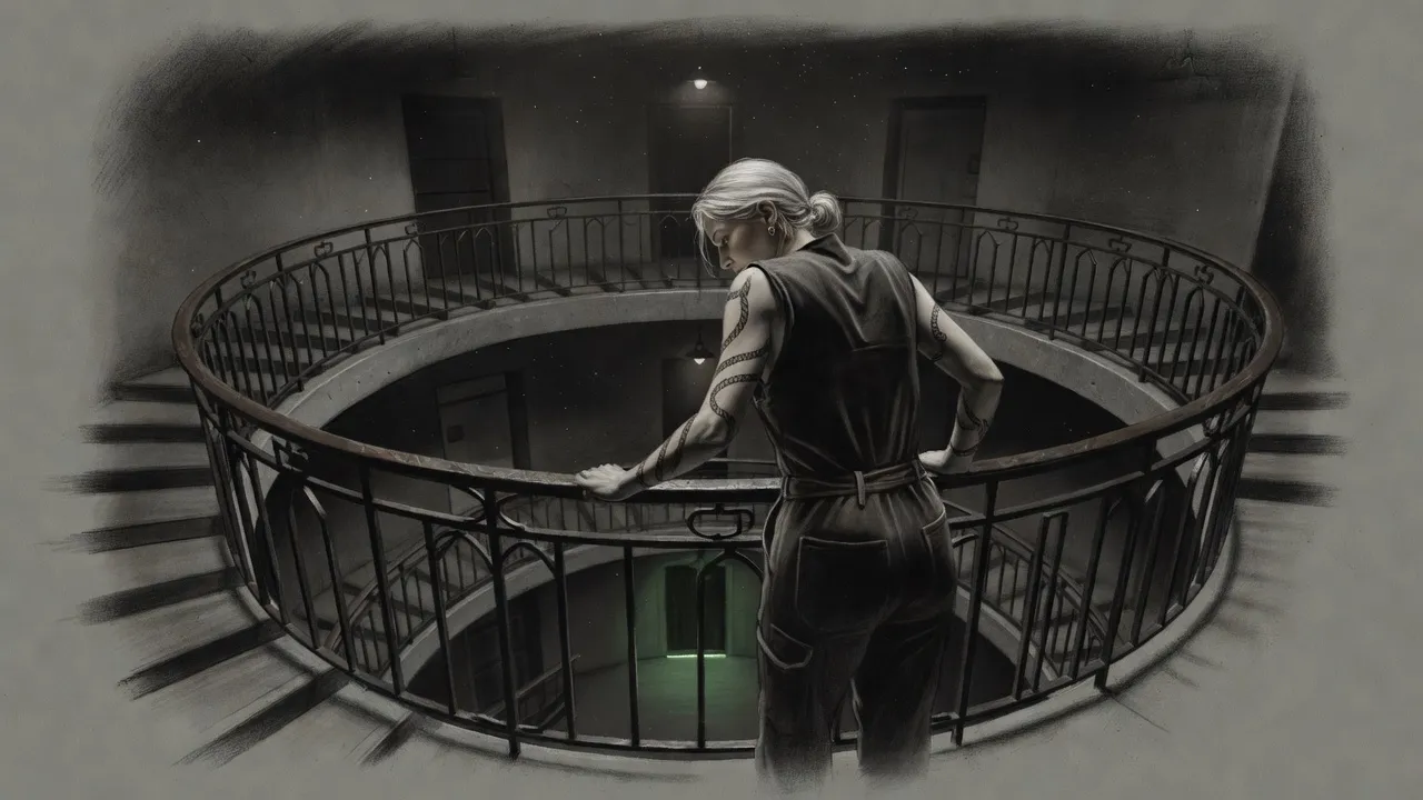 A woman in work coveralls stands at an iron rail looking down a vast spiral stair, three landings lit below her and a fourth in darkness.