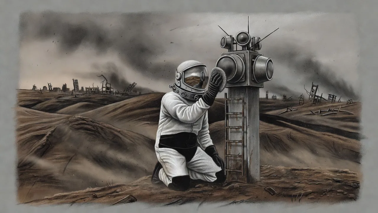 A figure in a white hazard suit with a mirrored visor kneels on a dead brown hillside, scrubbing the lens of a squat sensor tower with a pad of wool.