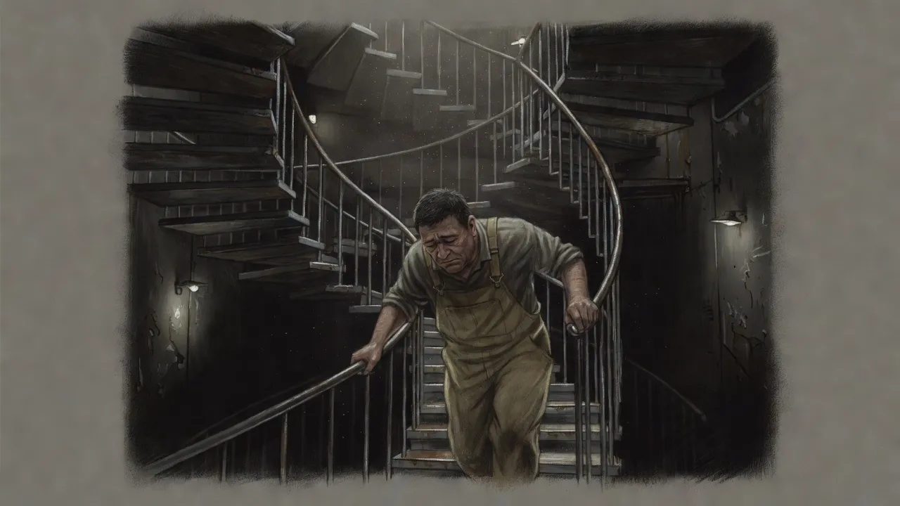 A tired man climbs the last turn of a worn steel spiral staircase toward pale light on the landing above.