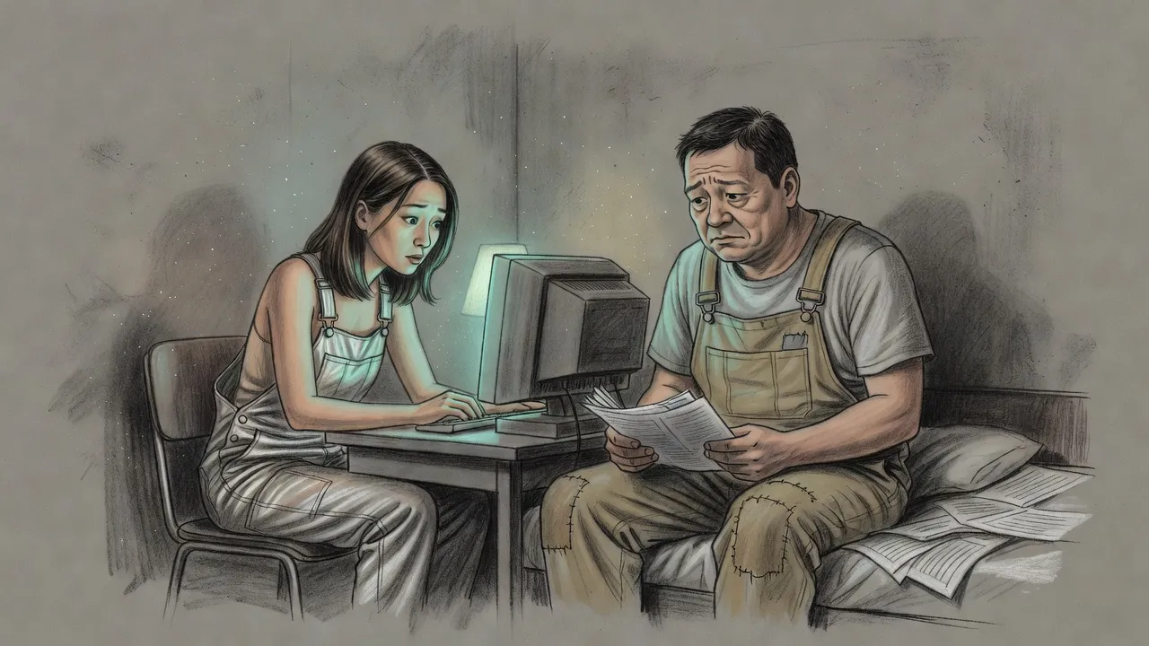 A woman at a glowing computer screen at night turns to a man sitting on a bed spread with paper printouts.