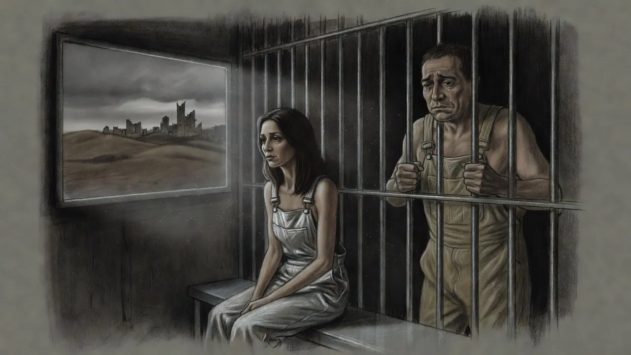 A woman sits in a barred holding cell before a grey wall screen, looking out at a grieving man who grips the bars.