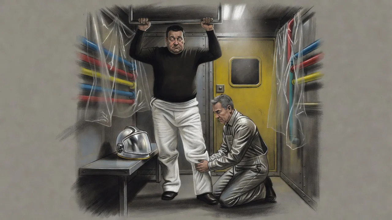 In a steel airlock hung with plastic sheeting, a kneeling technician tugs a bulky white suit leg over a tired man’s foot while a domed helmet waits on a bench.
