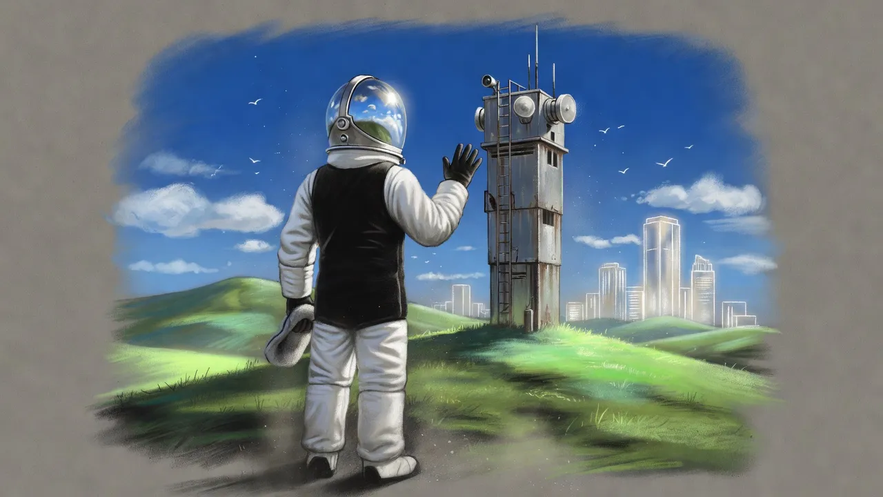 A figure in a white hazard suit waves at a sensor tower on a hilltop of impossibly green grass under a bright blue sky.