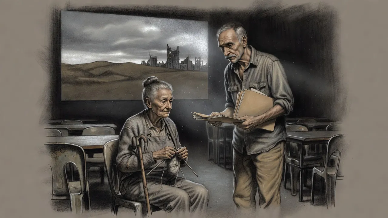 An old woman knits in a plastic chair before a huge grey wall screen while a tall gaunt man with a grey mustache holds out three folders.