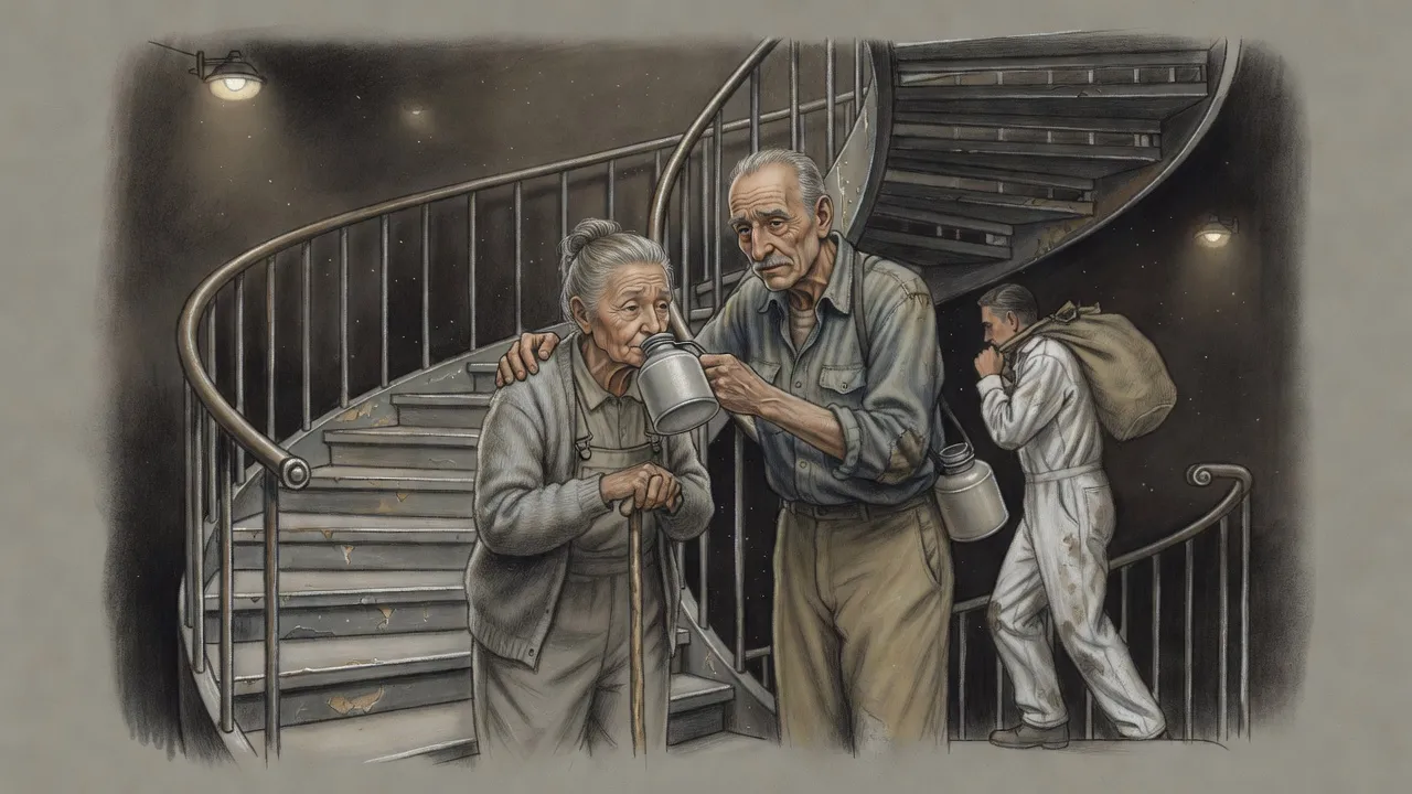 On a landing of a deep spiral staircase, an old woman with a walking stick and a gaunt old man swap metal canteens as a porter hurries past.