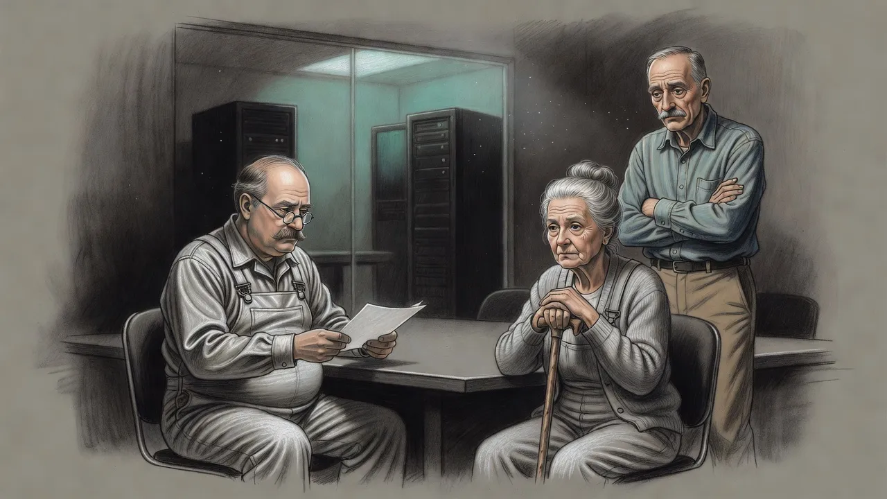 In a conference room beside a server hall, a plump man in silver overalls slides a sheet of paper toward an old woman who sits unmoved, while a tall old man stands behind her.