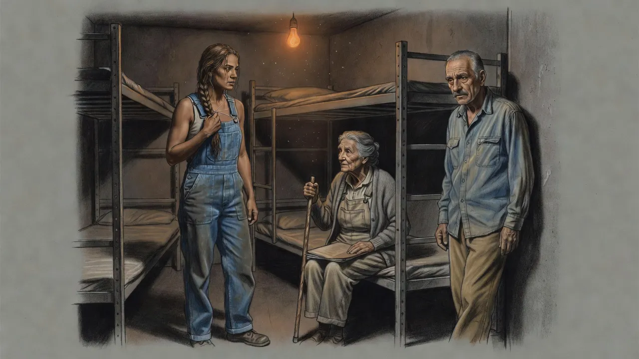 In a plain bunk room, a woman tying back her wet hair listens warily to an old woman on a bunk while a tall old man leans by the door.