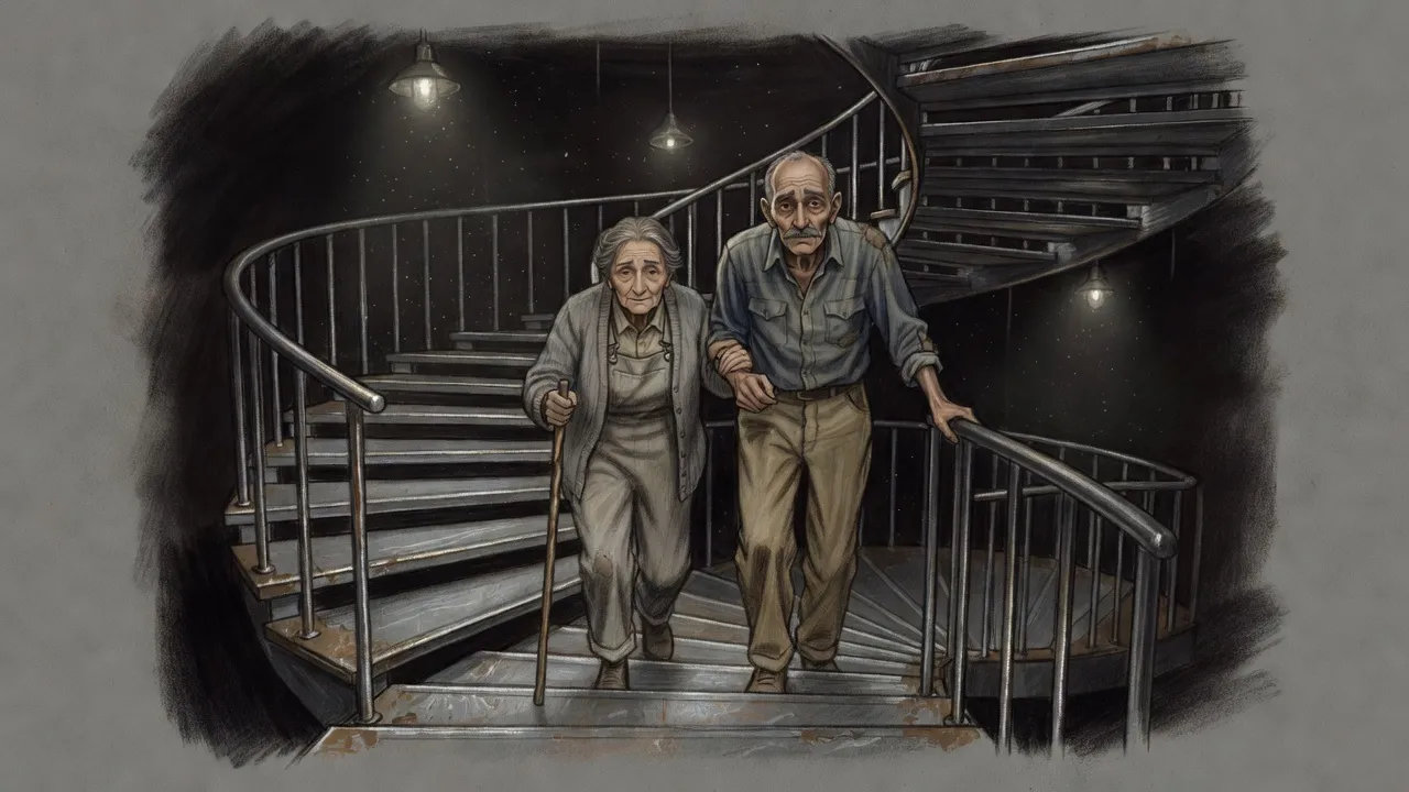 Two old people climb a spiral staircase side by side in flickering backup light, their arms just touching.