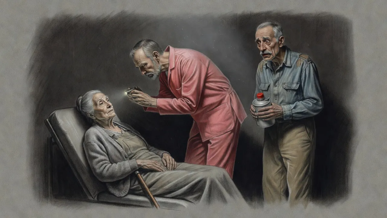 An old woman lies pale on a padded bench as a tall doctor shines a light in her eyes and a gaunt old man stares at the canteen in his hand.