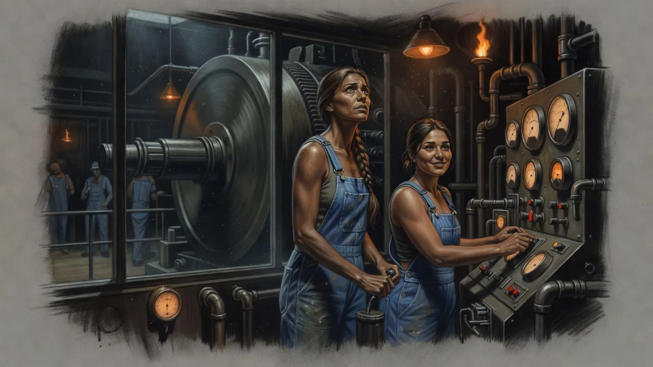In a glass-walled control room above a huge spinning generator, a woman at the controls looks up, listening, while another woman adjusts a dial.
