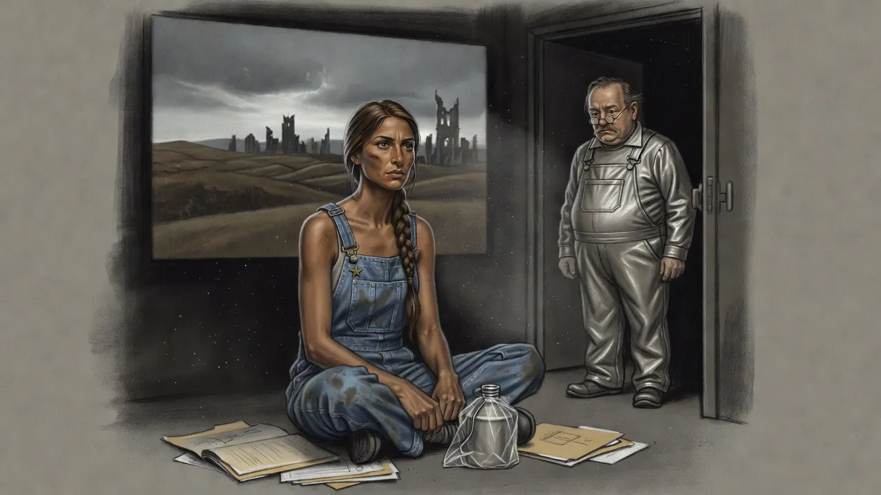 A woman with a small brass star sits on the floor of an open holding cell among folders and a bagged canteen while a plump man in silver overalls looks in from the doorway.