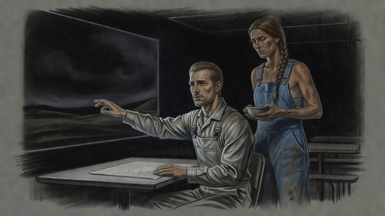In a dark cafeteria a young man holds a board of dotted paper on his knees and reaches toward a night-black wall screen, while a woman with a bowl watches.