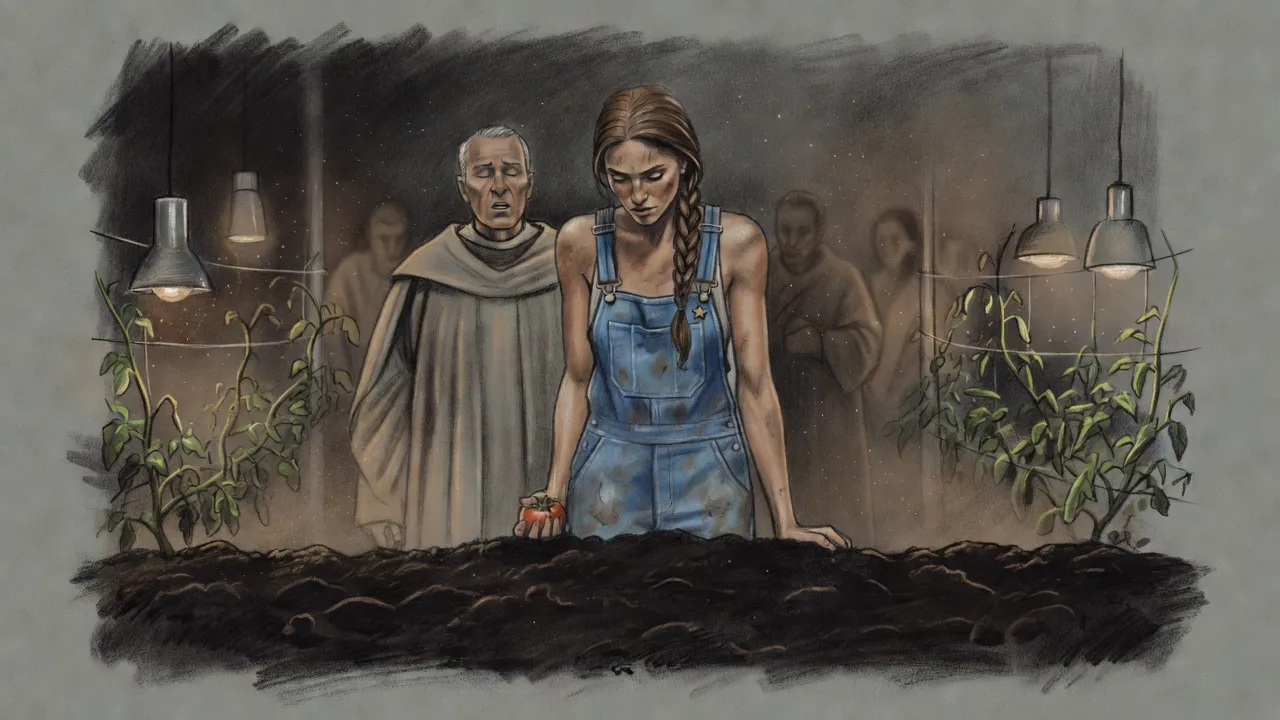 In an underground farm of tomato vines under grow lamps, a woman stands with bowed head at a mound of fresh soil while a priest chants behind her.