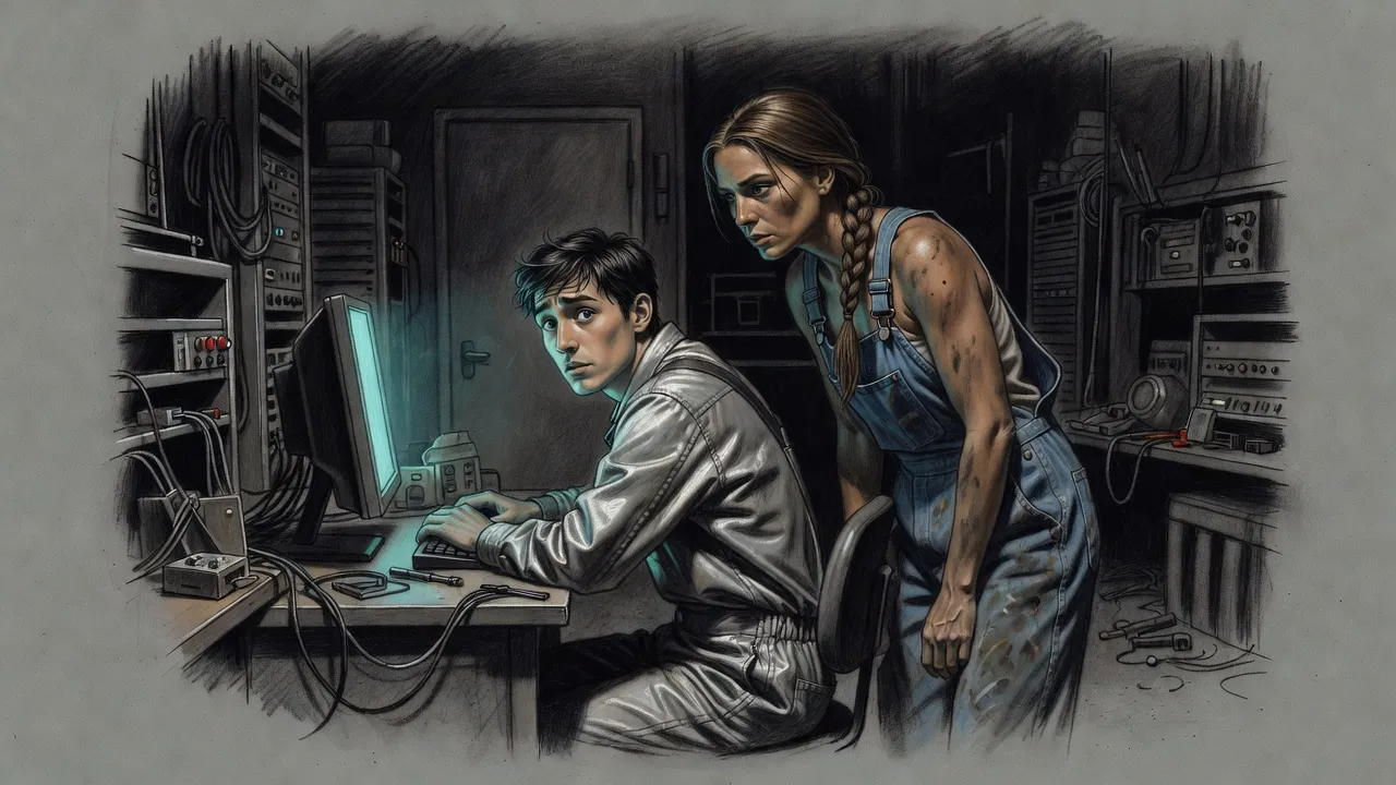 In a cramped room full of equipment, a frightened young man in silver overalls glances at the door while a woman leans in to stare at his glowing screen.