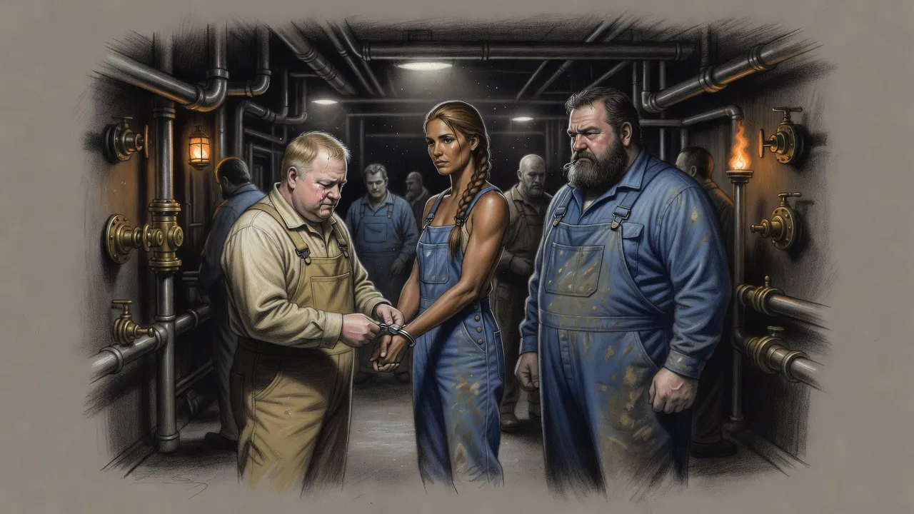 In a crowded corridor of pipes, a heavy-set deputy with tears on his face handcuffs a calm woman while a huge bearded man looks on.