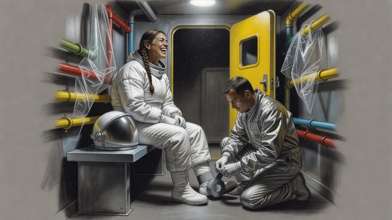 A woman in a bulky white hazard suit throws back her head and laughs while a technician kneels to wind tape around her boot.