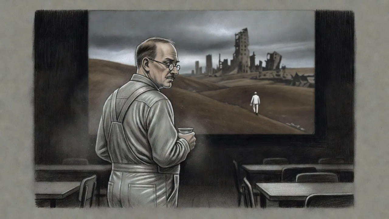 Seen from behind, a plump man with a cup stands alone before a grimy wall screen on which a tiny white figure climbs a brown hill.