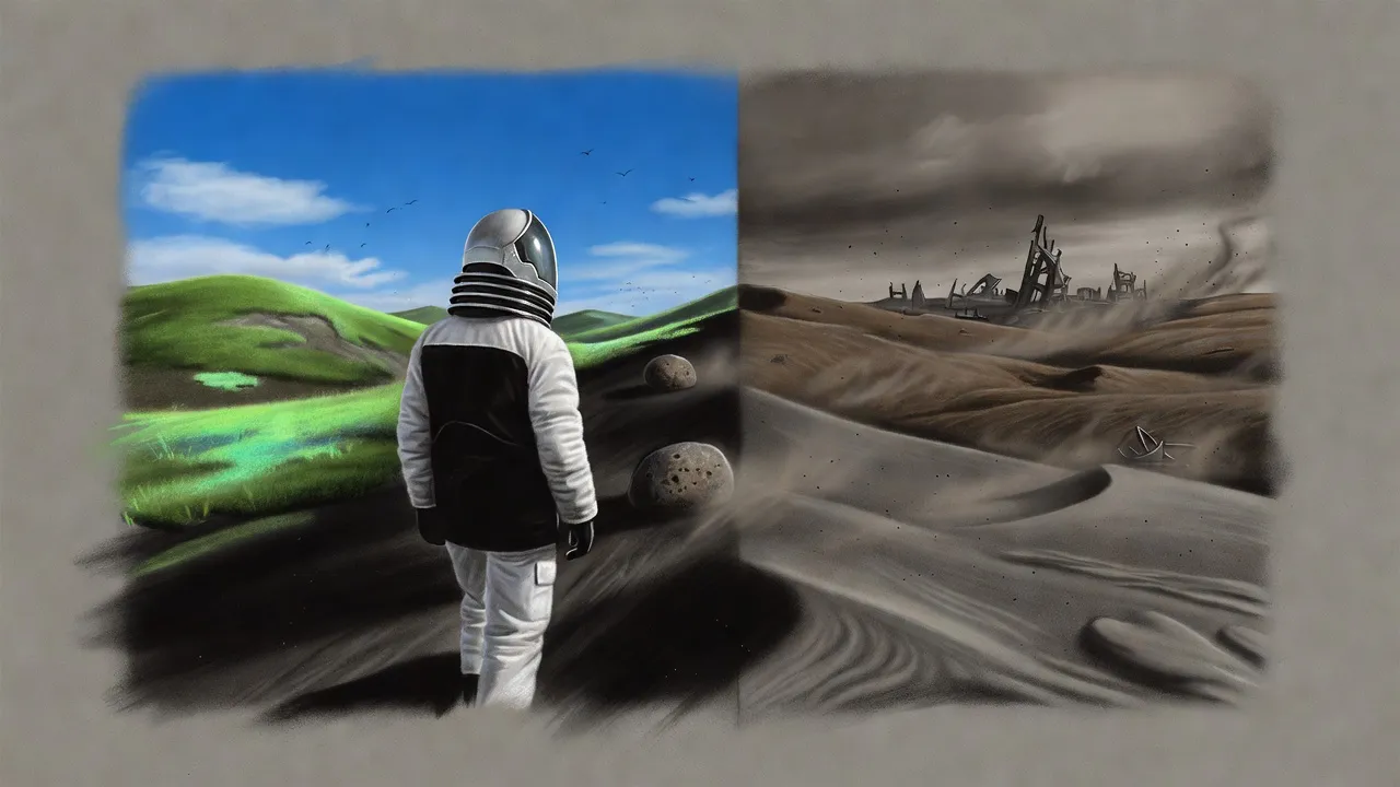 A suited figure walks up a slope where a bright green false landscape ends at a hard edge and a dead grey one begins, past two rounded rocks.