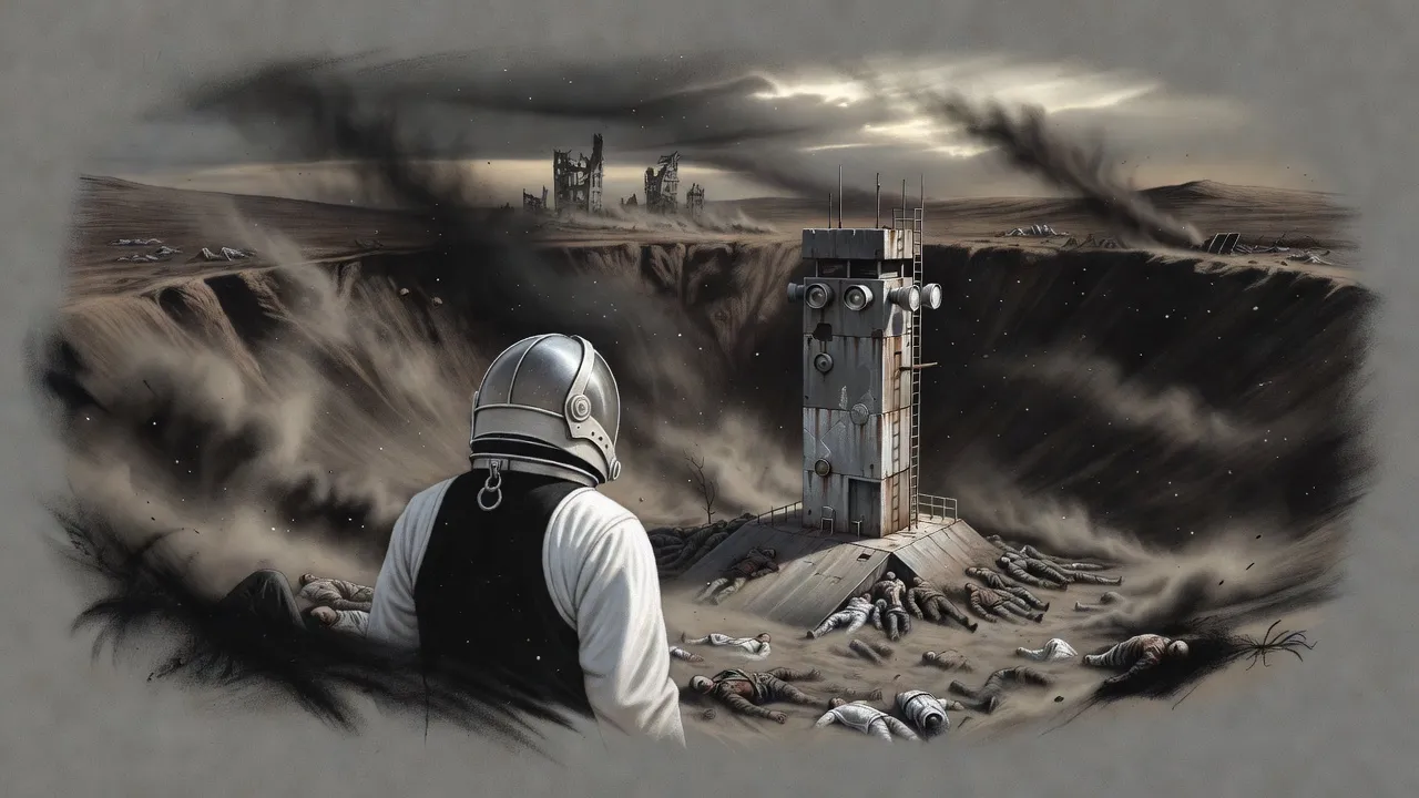 From the rim of a dusty bowl, a suited figure looks down at a sensor tower surrounded by hundreds of long-dead bodies half buried in dust.