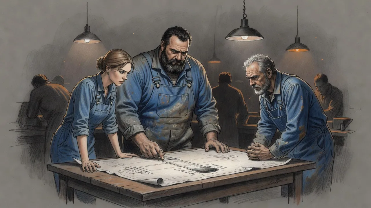 A huge bearded man leans over a long table tracing a pale blueprint of a tall shaft while a young woman and a grey-bearded mechanic lean in.