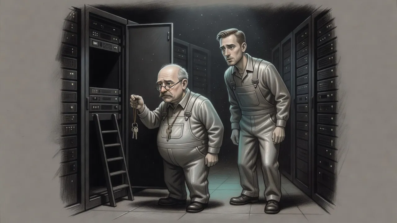 Between rows of tall black server cabinets, a plump man in silver overalls holds up keys on a cord round his neck beside an empty cabinet that hides a ladder going down.