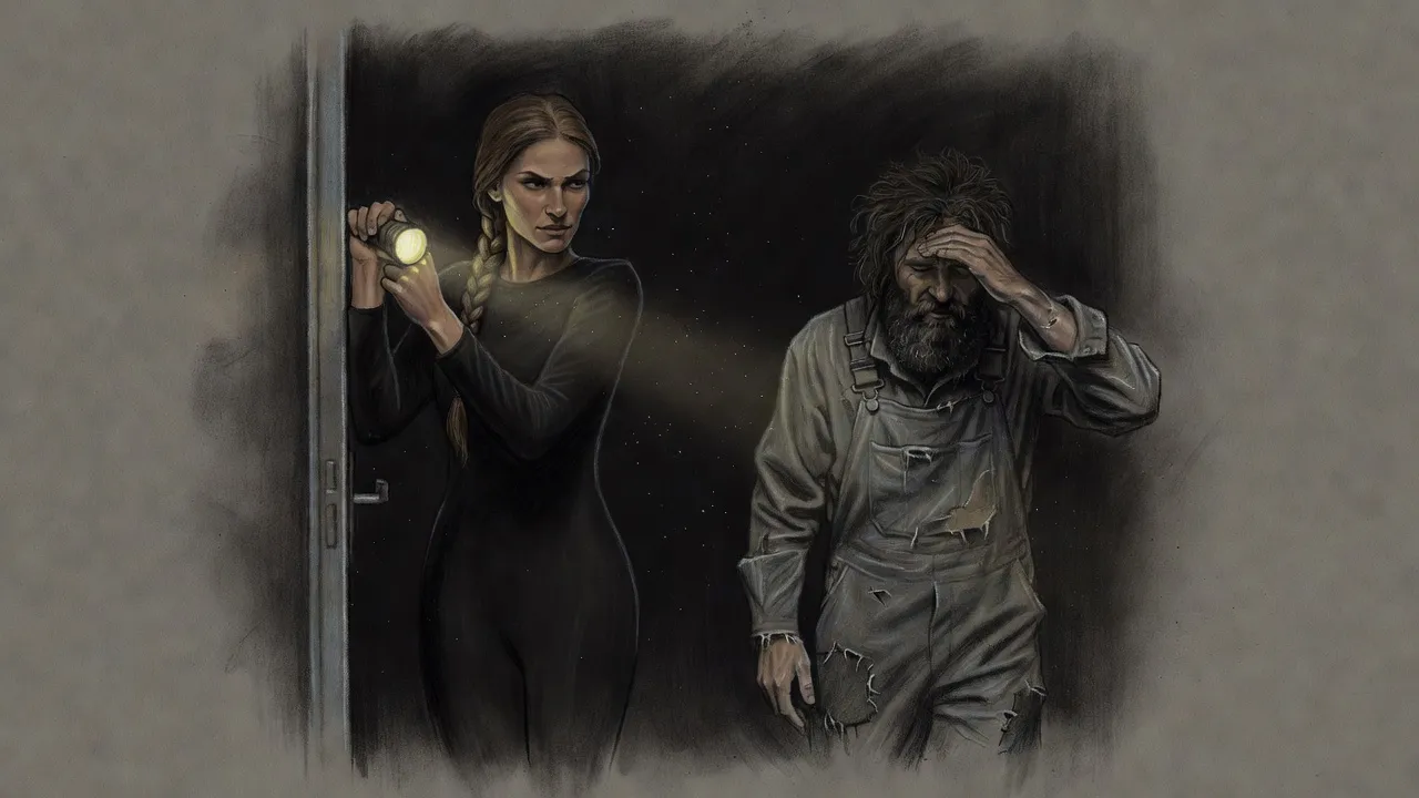 In a pitch-dark corridor, a woman in a black undersuit holds up a flashlight as a wild-haired, bearded man in grey overalls steps out of the shadows.