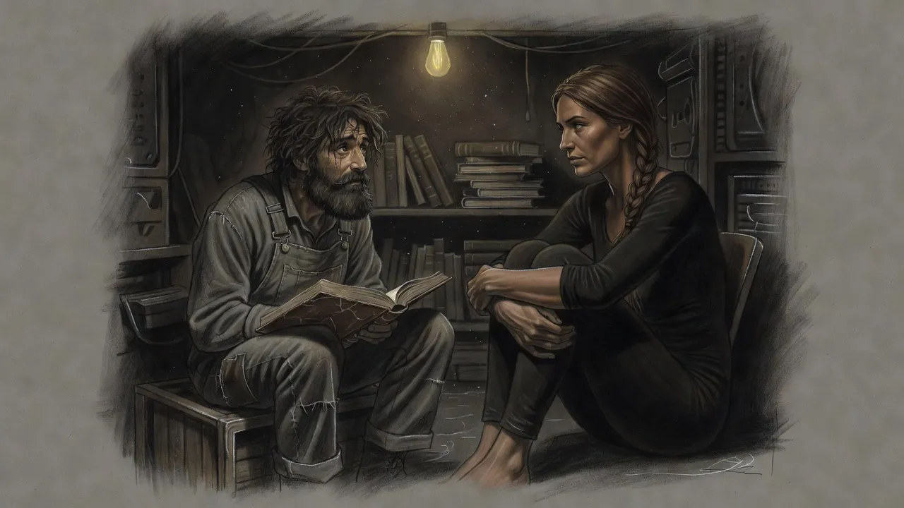 In a cramped hidden room lined with old books, a shaggy bearded man with a book on his knees talks earnestly to a woman sitting on the floor.