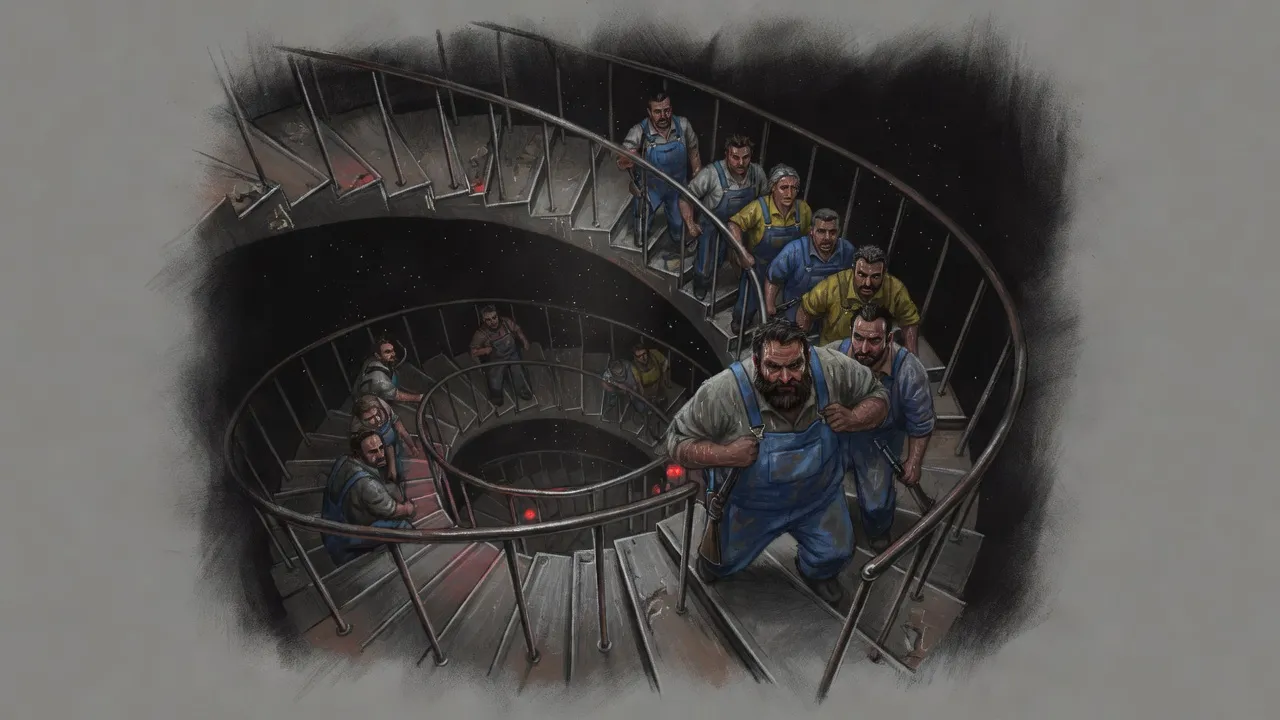A huge bearded man leads a column of armed mechanics in blue and yellow overalls up a dim spiral staircase at night.