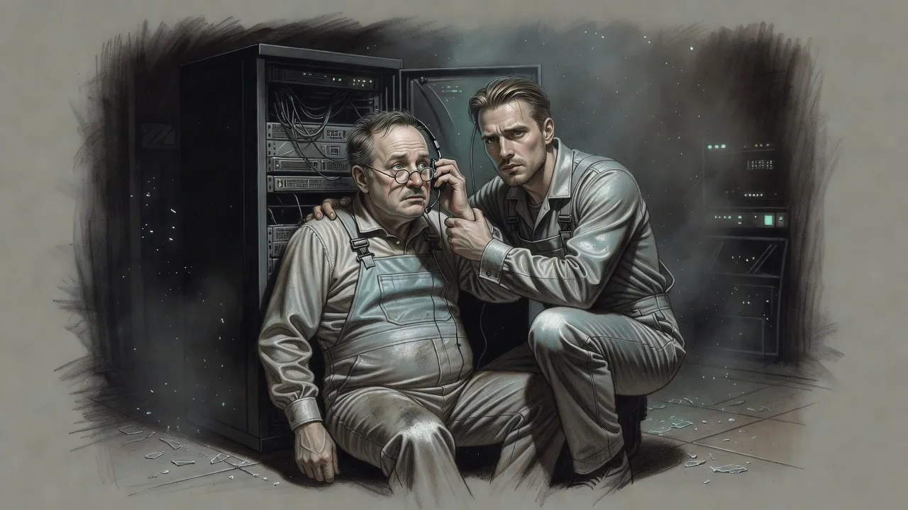 In a smoky server room strewn with broken glass, a dazed plump man with askew glasses presses a headset to his ear while a young man holds him upright.