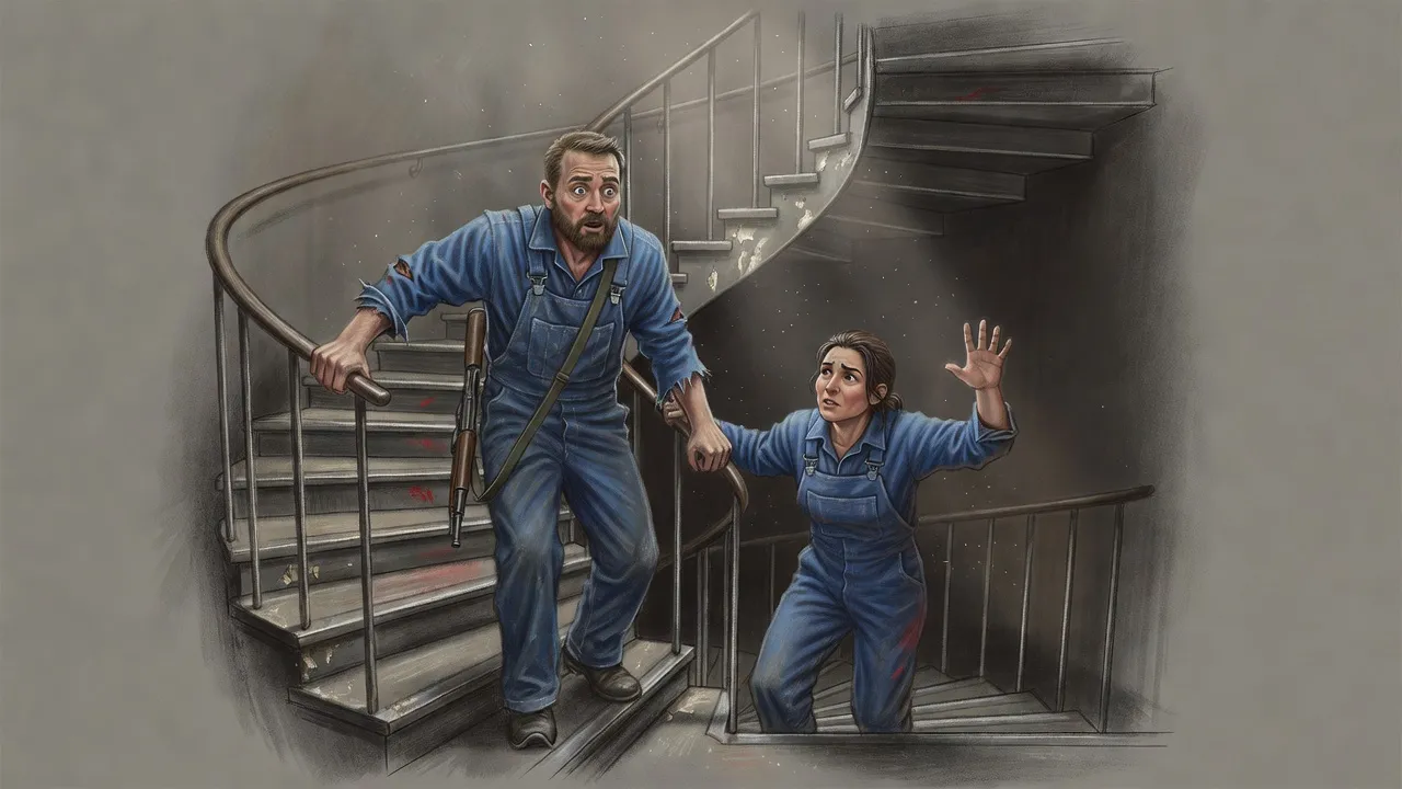 A wounded young man with a rifle stumbles down a smoky spiral staircase toward a woman reaching up for him from the landing.