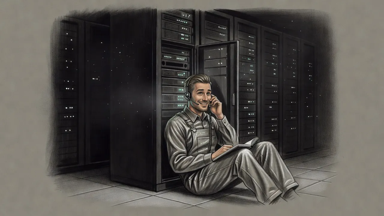 Deep in a dark server room lit by tiny lights, a young man in silver overalls sits on the floor with a headset on, smiling privately as he listens.