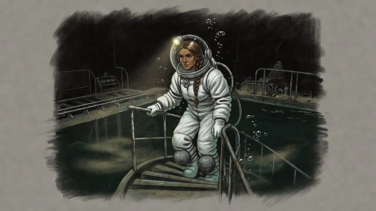 Underwater on a drowned spiral stair, a woman in a bulky white suit with a clear dome helmet sinks slowly downward, trailing an air hose, her lamp the only light.