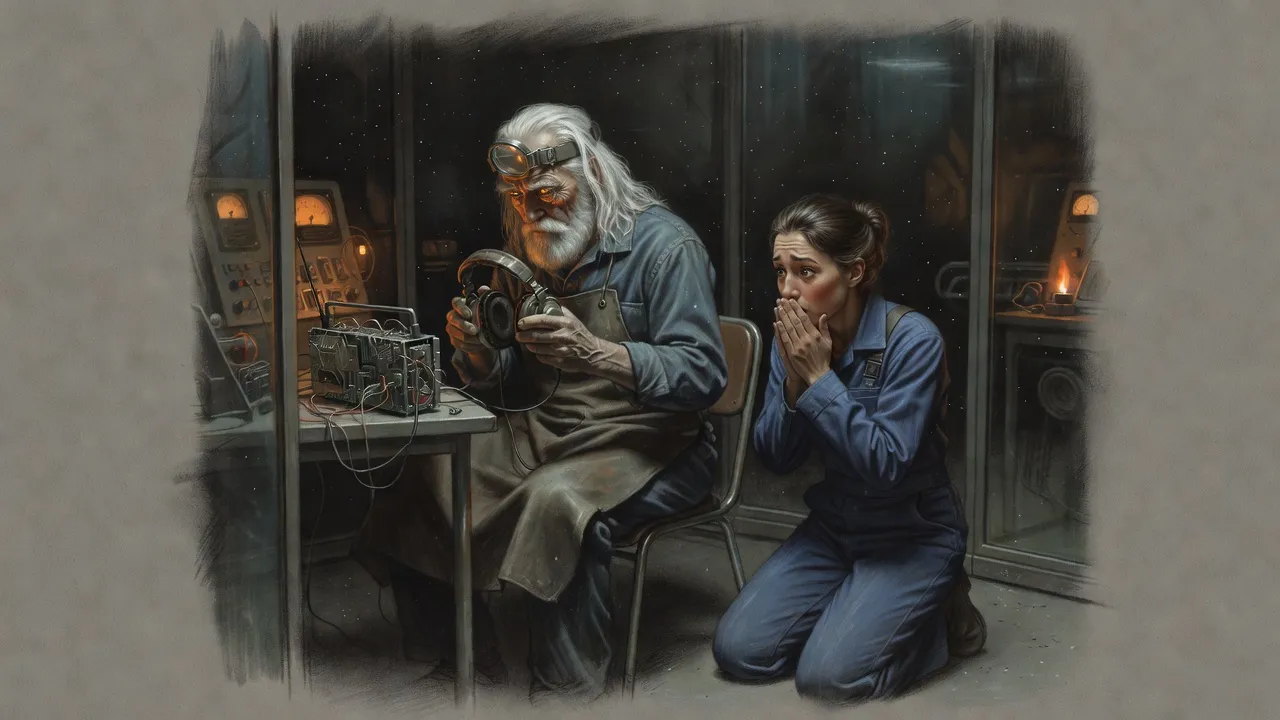 In a cramped control room an old white-bearded man clutches a headset and stares at a homemade radio while a woman kneels beside him with her hand over her mouth.