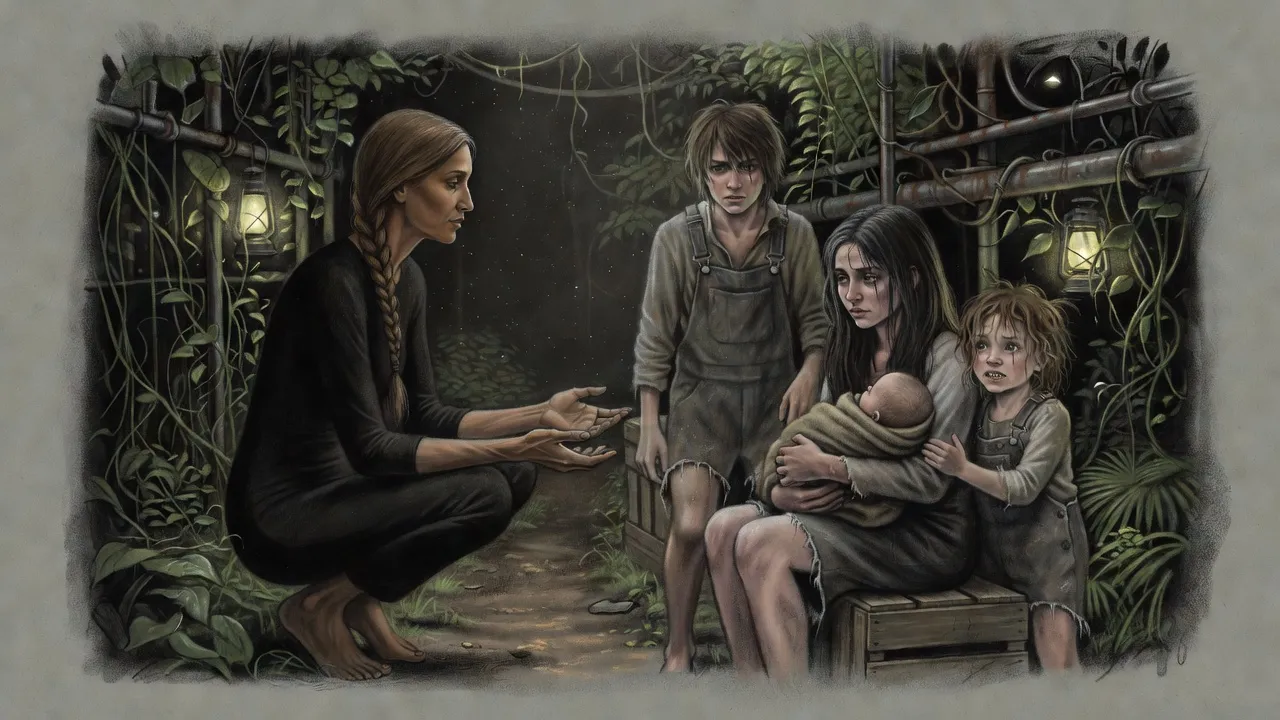 In an overgrown dark farm, a kneeling woman with open hands meets a young mother who shows her a baby, while a wary teenage boy and a little girl look on.