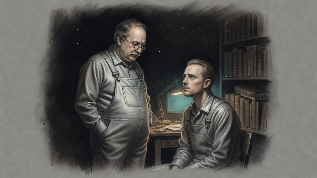 In a small hidden study lit by a jointed lamp, a plump older man stands with his hands tucked in his overalls looking down at a pale young man at a wooden desk.