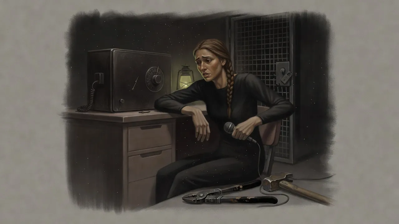 In a dark office, a woman slumps against a wooden desk with a radio microphone in her fist, bolt cutters and a sledgehammer at her feet and a broken cage behind her.