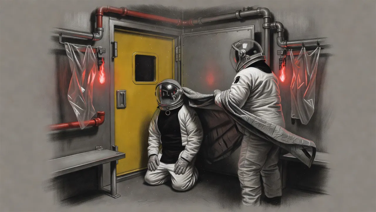 Inside a steel airlock as flames begin to flare from the walls, a suited figure seen from behind spreads a broad silver blanket over another who kneels facing the inner door.