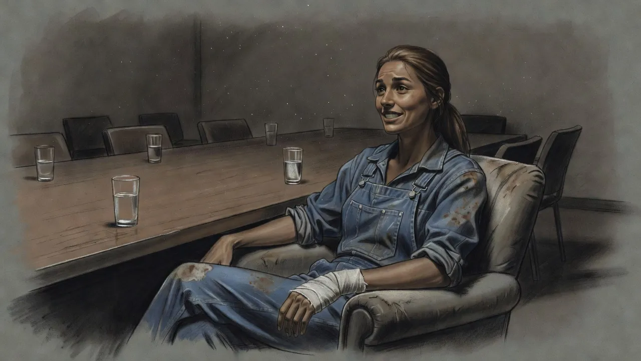 A woman with a bandaged hand sits at the end of a scratched conference table set with untouched glasses of water, laughing in disbelief.