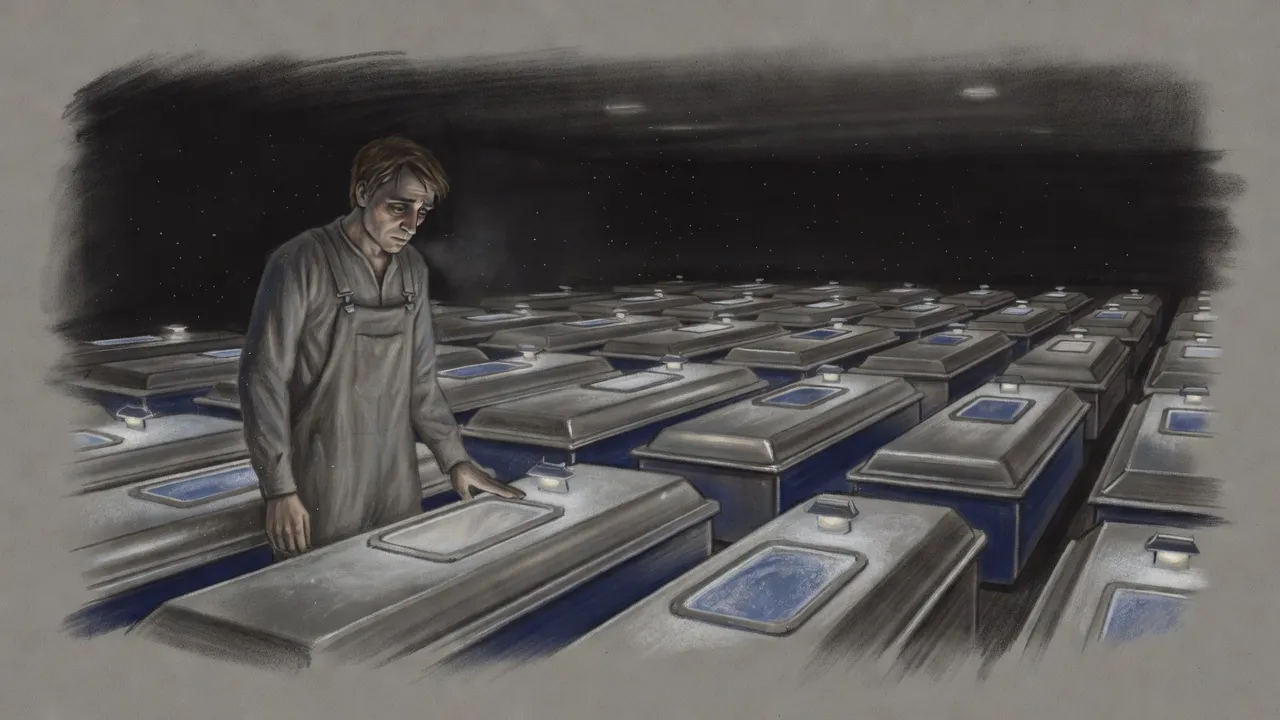 A man in loose grey overalls stands with one hand on a frosted cryogenic pod in a low, cold hall of pods laid out in long rows.