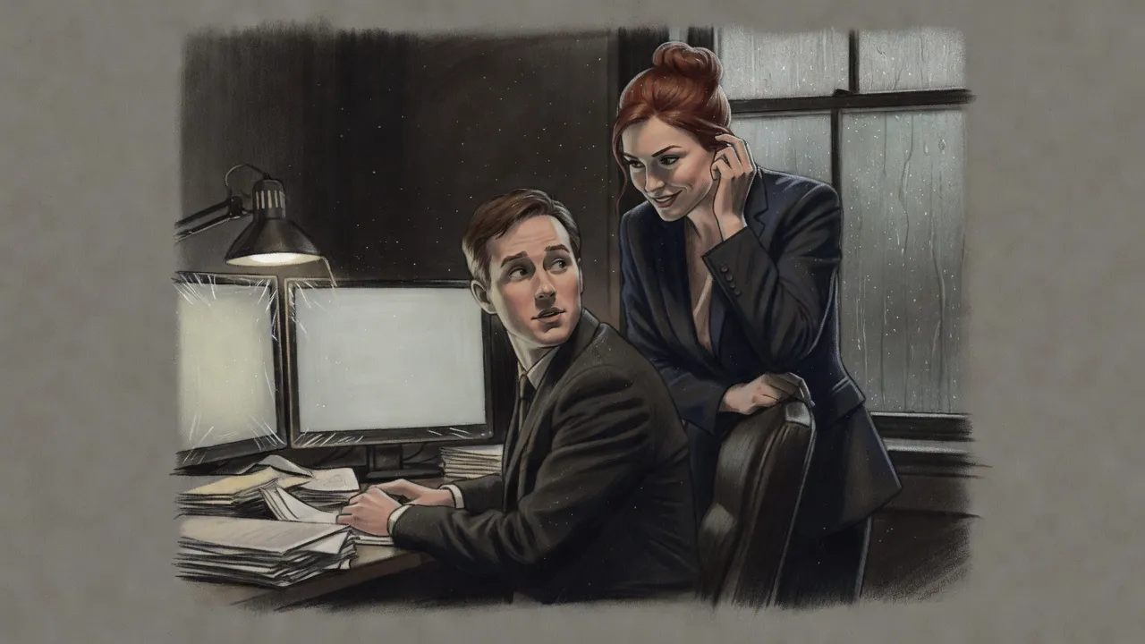A woman with auburn hair in a bun plugs in a second computer monitor beside a man in a suit, who looks up at her from his desk.