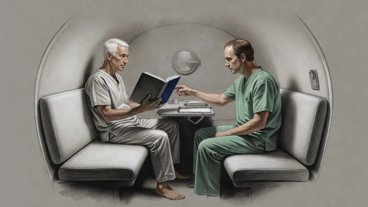 Inside a long white treatment capsule, a white-haired man on a bench holds out a heavy dark book to a nervous younger man in green scrubs.