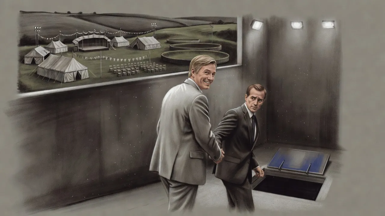 A man in a grey suit pulls another man by the wrist down a floodlit concrete ramp toward open steel doors, tents crowding the grassy hills above.