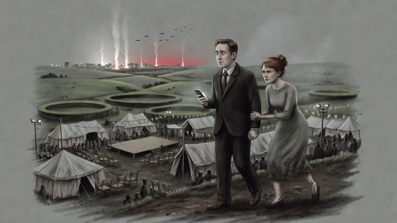 A man with a phone stares at white flashes and rising columns of smoke on the far horizon while a woman grips his wrist on a muddy hilltop.
